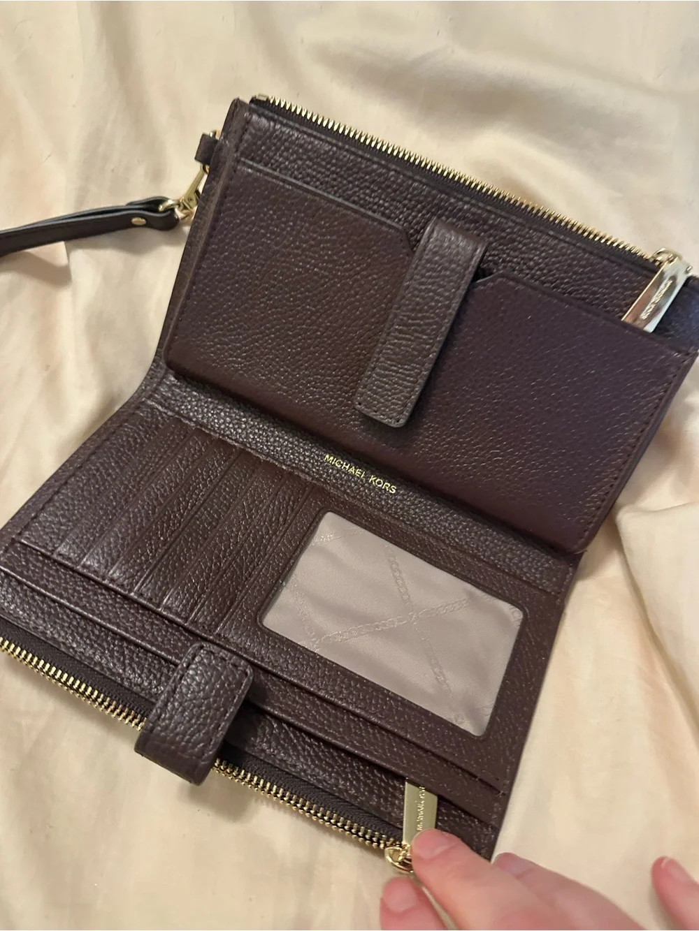 Michael Kors Dark Brown Pebbled Leather Wristlet with Gold Hardware